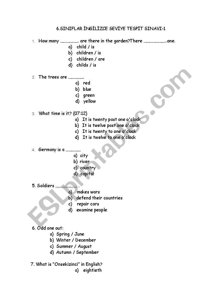 6th grade examination worksheet