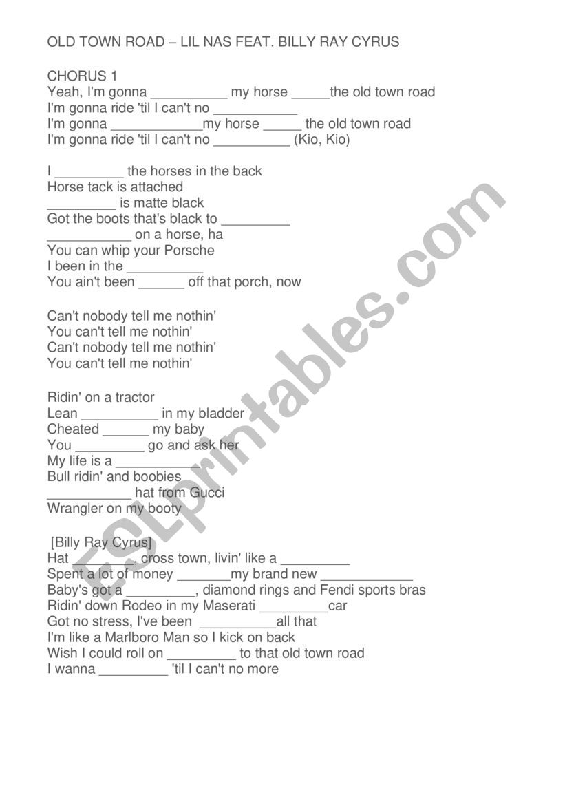 OLD TOWN ROAD - LIL NAS worksheet