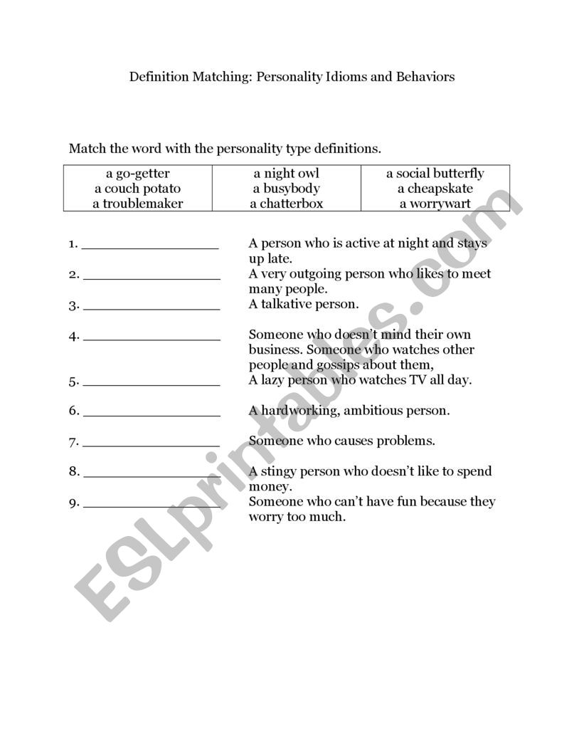 Personality ideoms worksheet