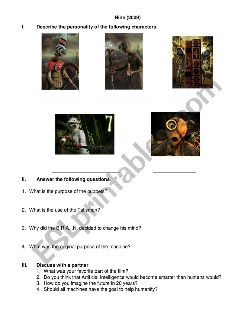 Nine movie (2009) worksheet