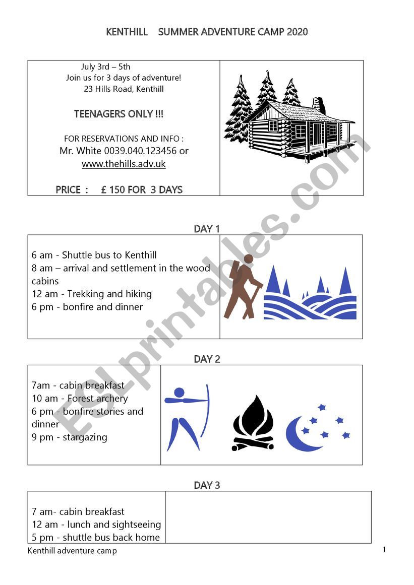 summer adventure camp esl worksheet by lcentazzo