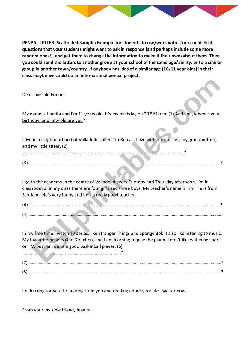 Penpal Project Sample Letter worksheet