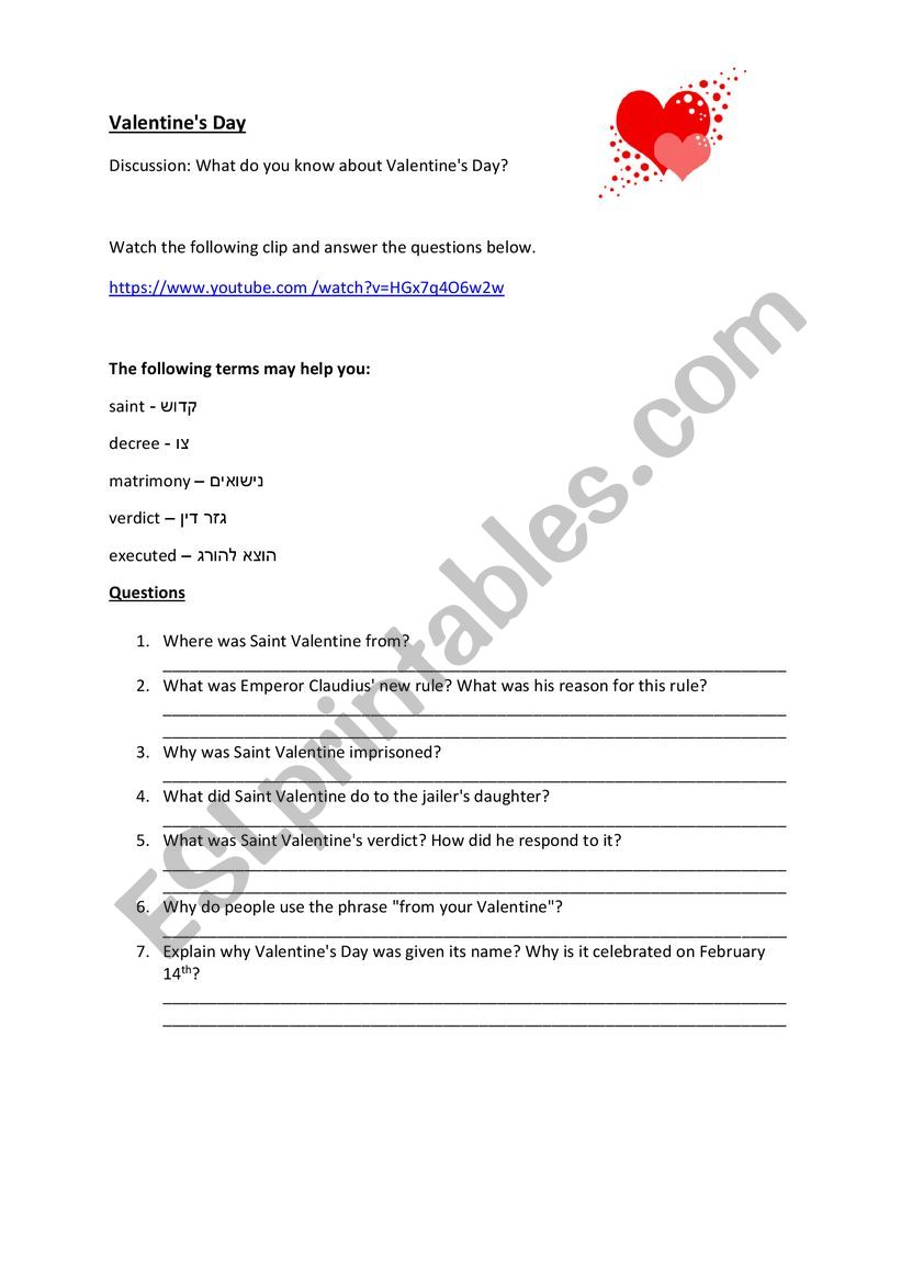 Valentine day worksheet