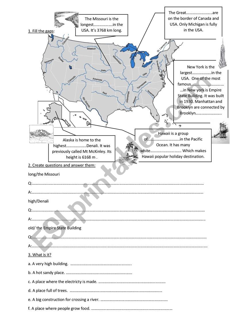 Geography vocabulary + USA map - ESL worksheet by wolframpant