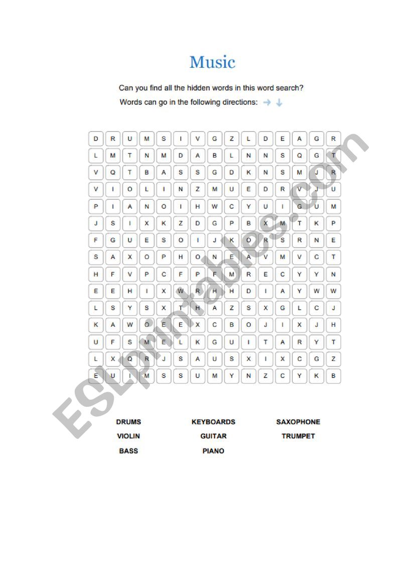 Music wordsearch worksheet