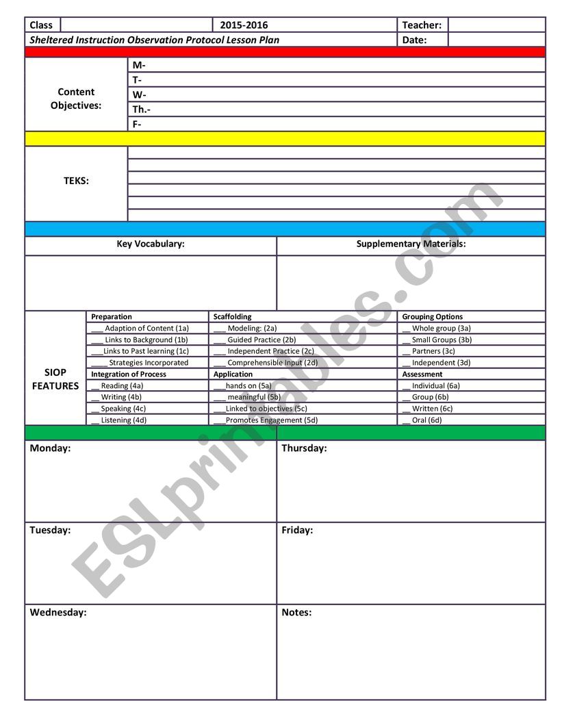 Weekly lesson plan worksheet