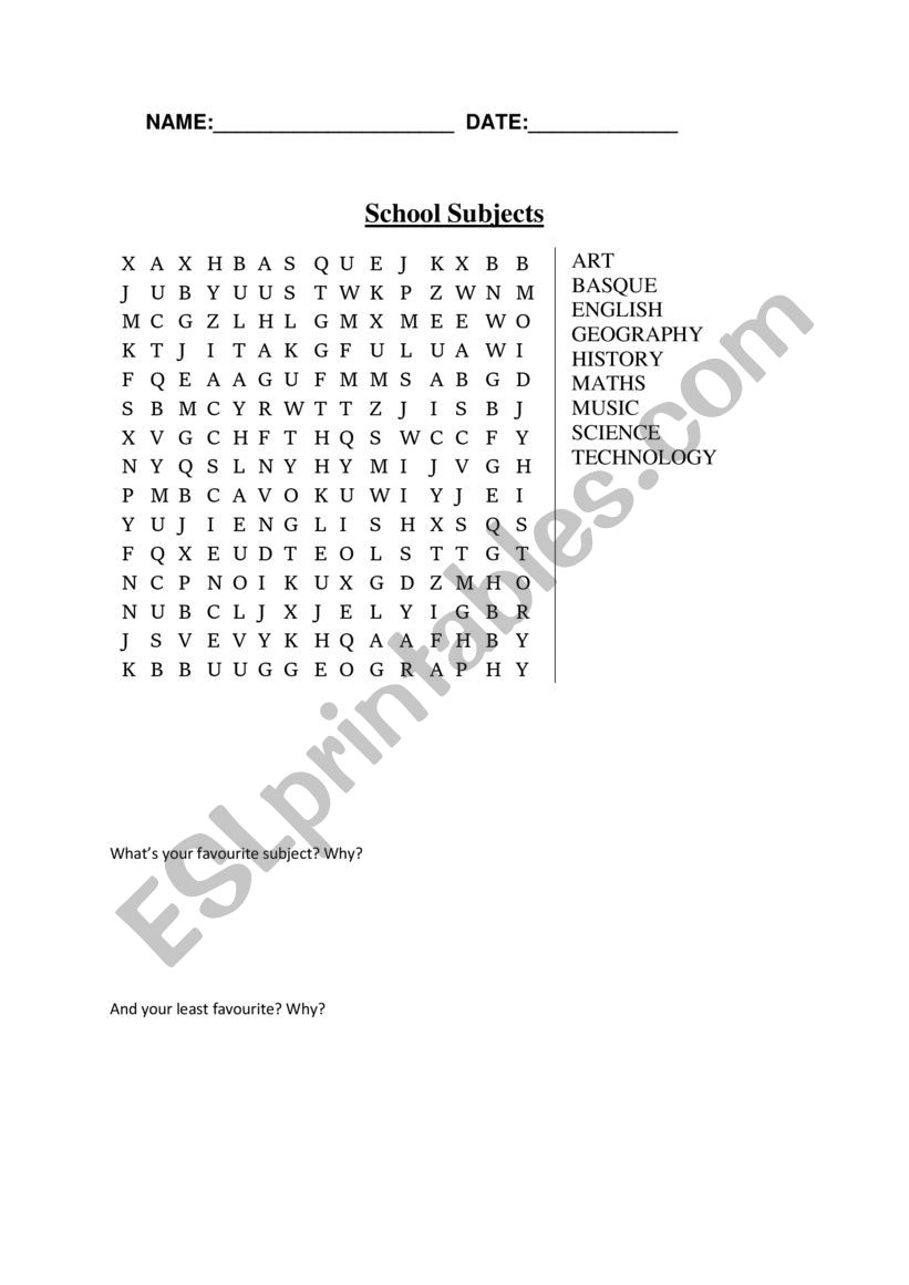 School Subjects word search worksheet