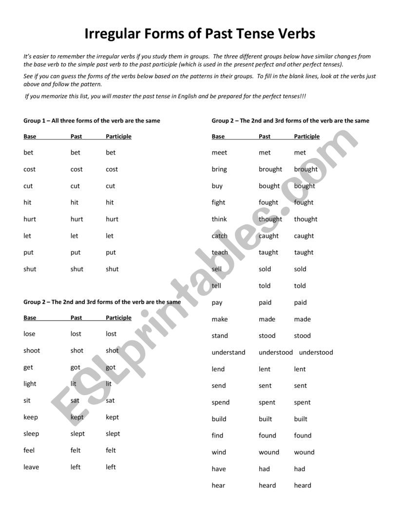 Irregular Verbs Grouped into Categories, Answers