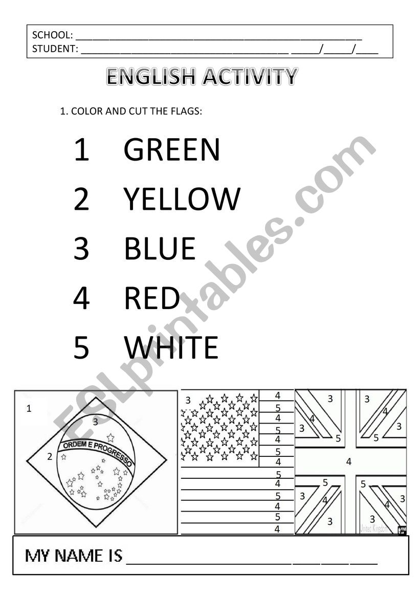 NUMBERS, COLORS AND FLAGS worksheet