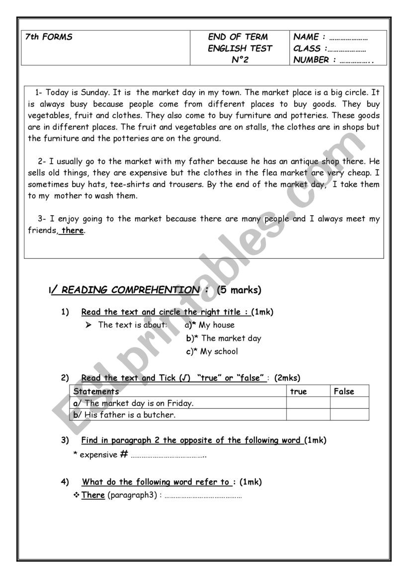 end term test 7th form worksheet