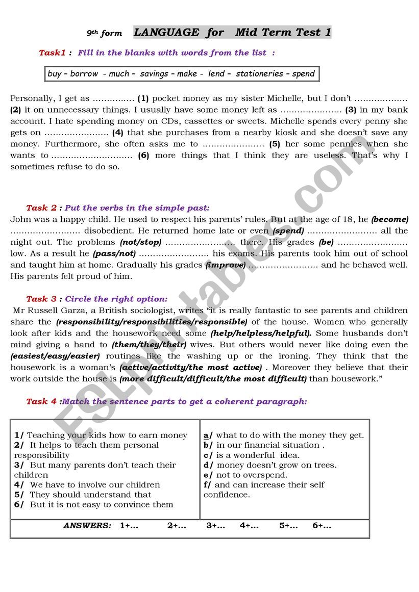 Language for Mid Term Test 1 9th form