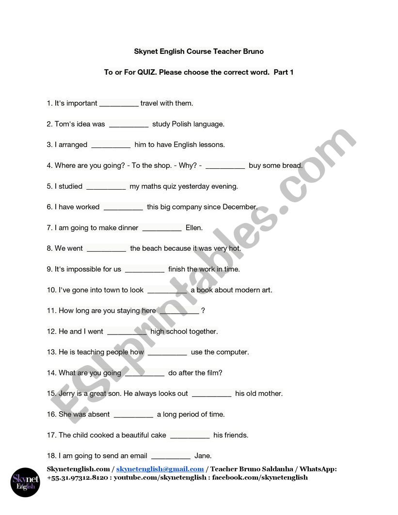 Quiz For and To  worksheet