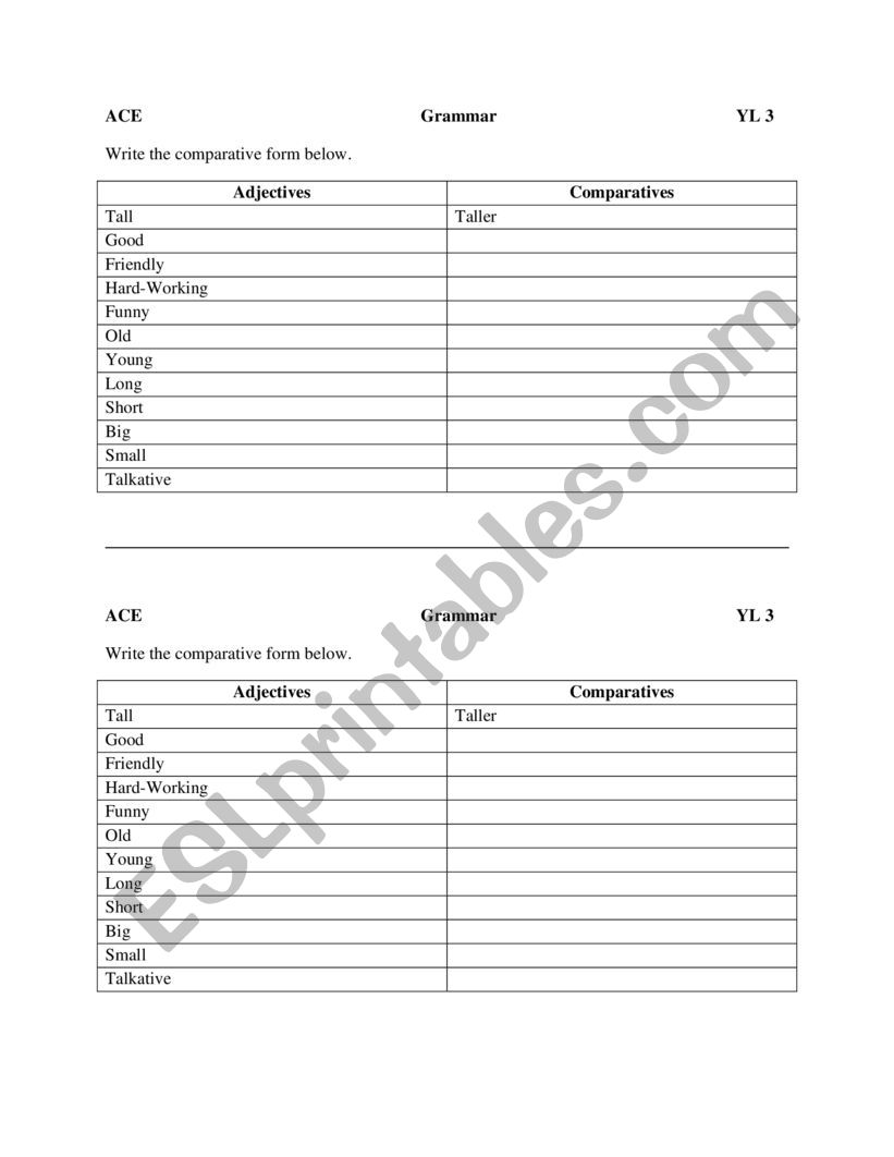 Comparative Adjective worksheet