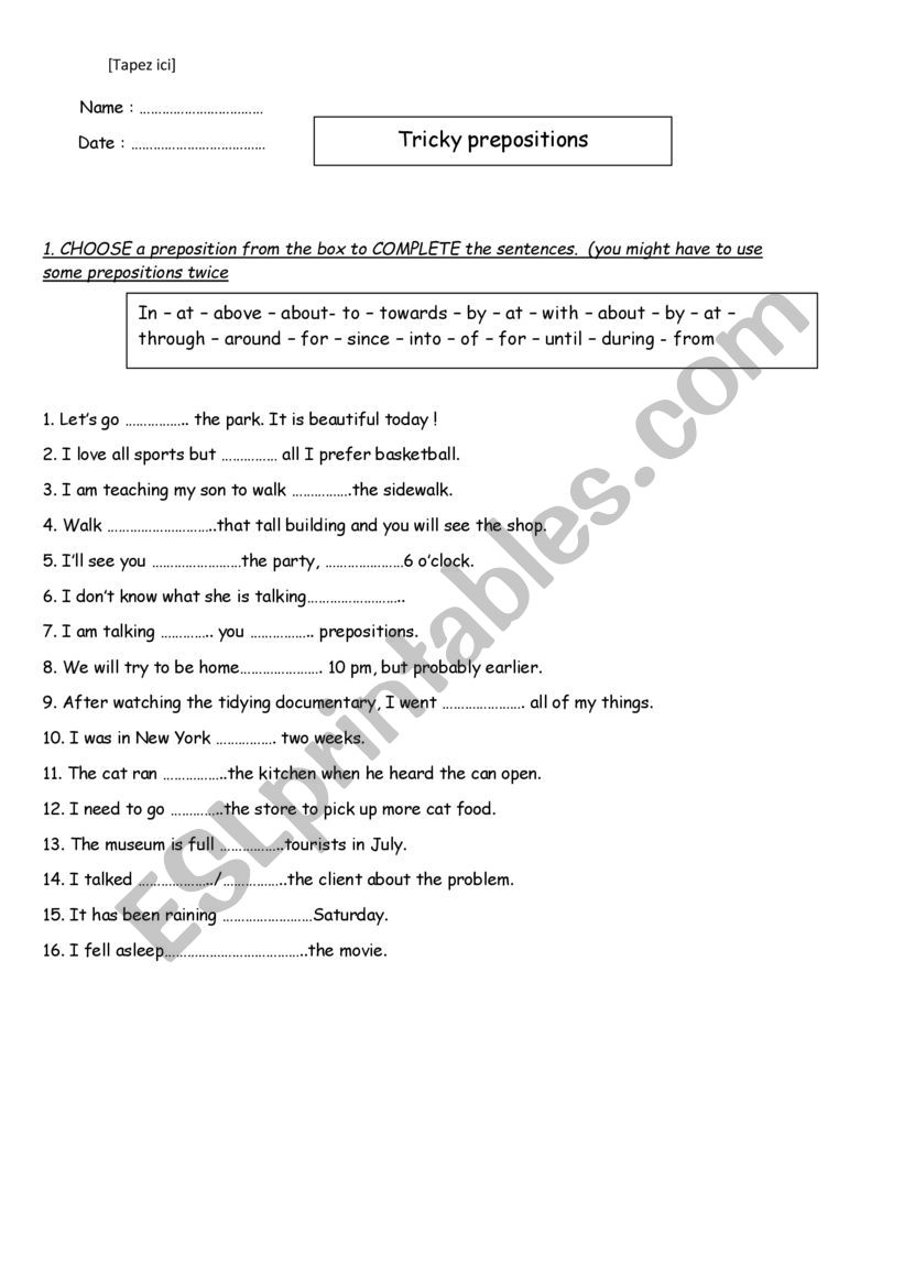 prepositions - ESL worksheet by cderoo