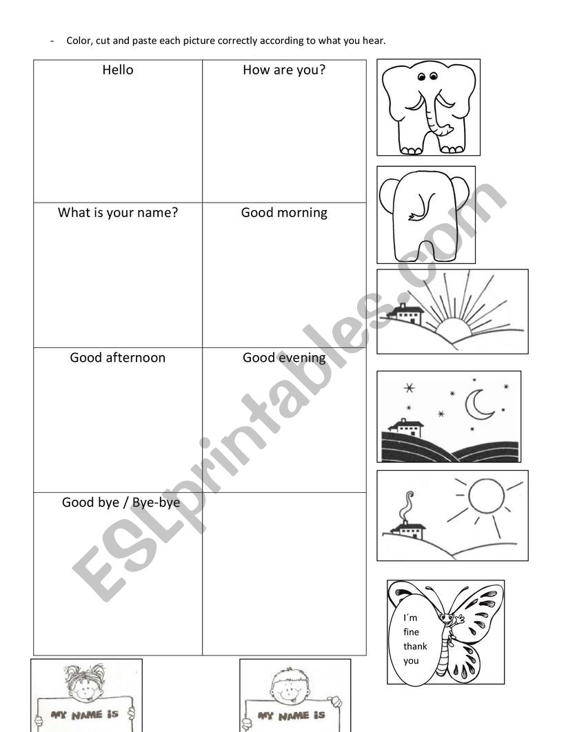 Greetings, cut and paste worksheet