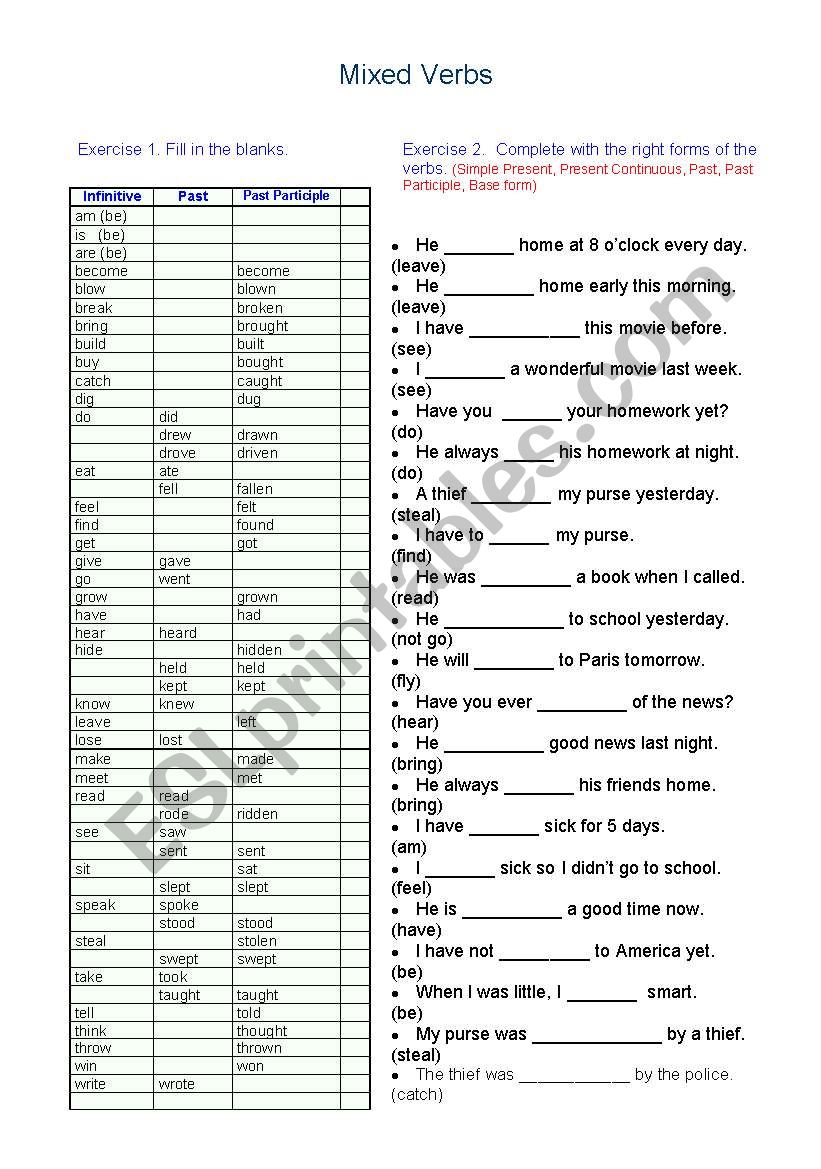 Mixed Verbs - ESL worksheet by khcha7