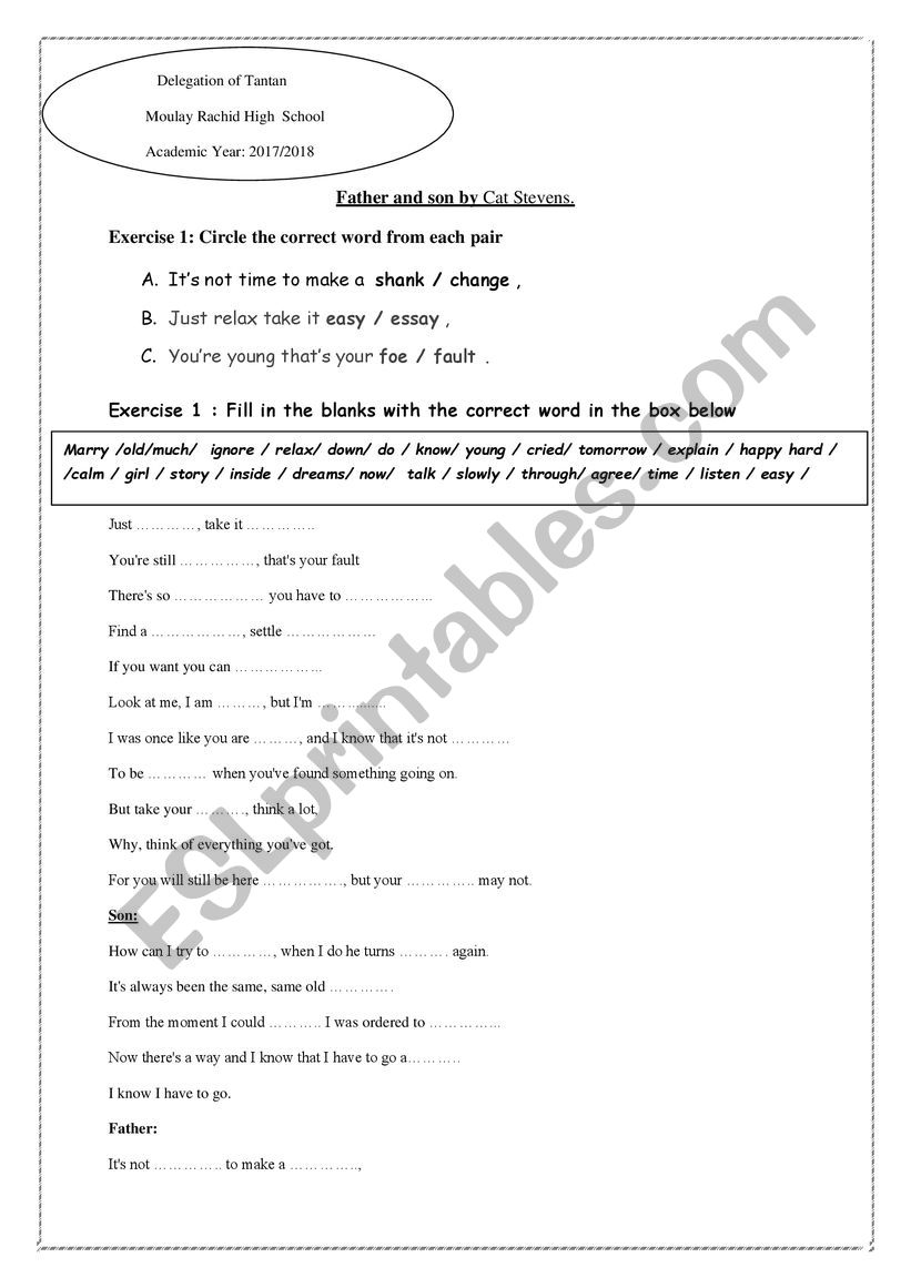 cat stevens worksheet ; father and son