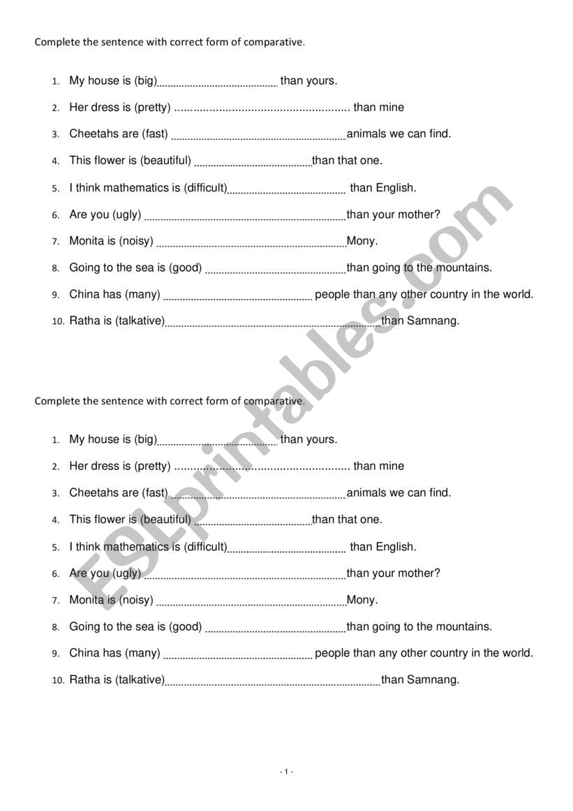 Comparative and Superlative Adjective Exercise