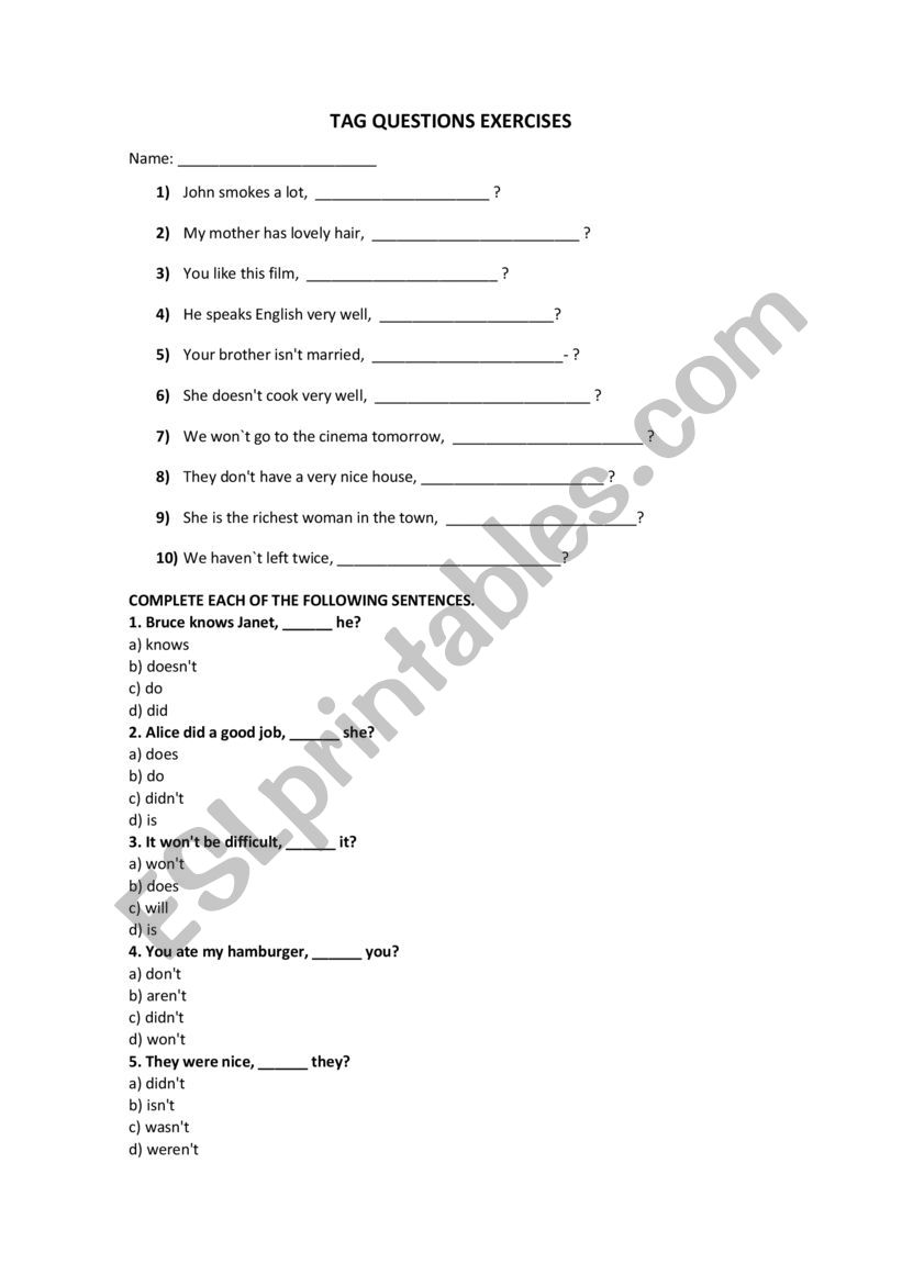 tag questions worksheet