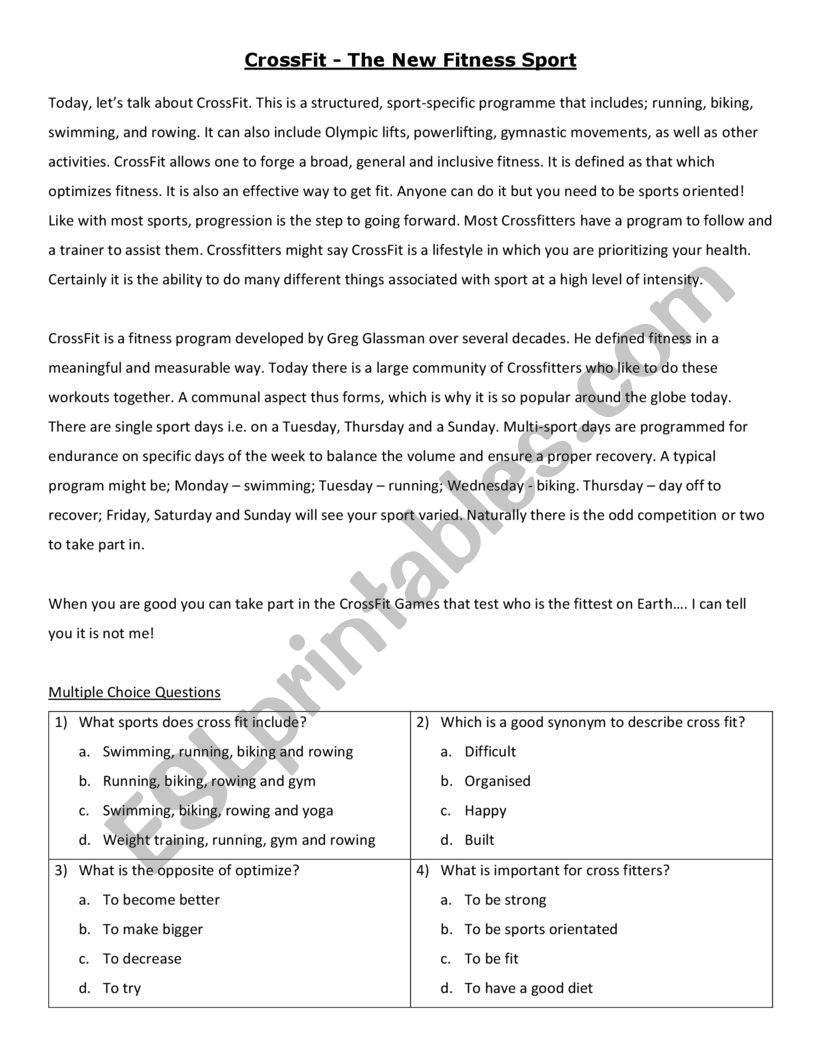 Cross Fit reading activity and discussion prompts student copy