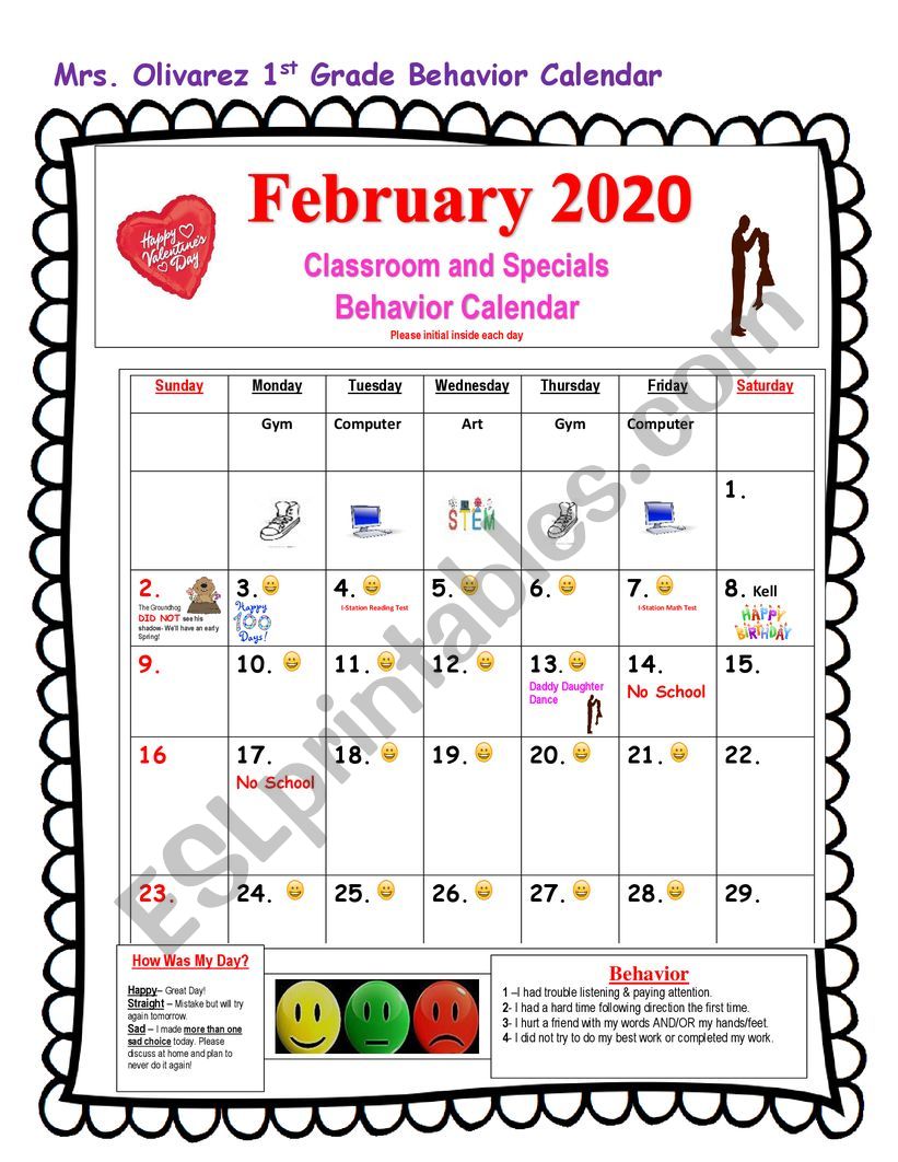 Behabior Calendar Template and editable 