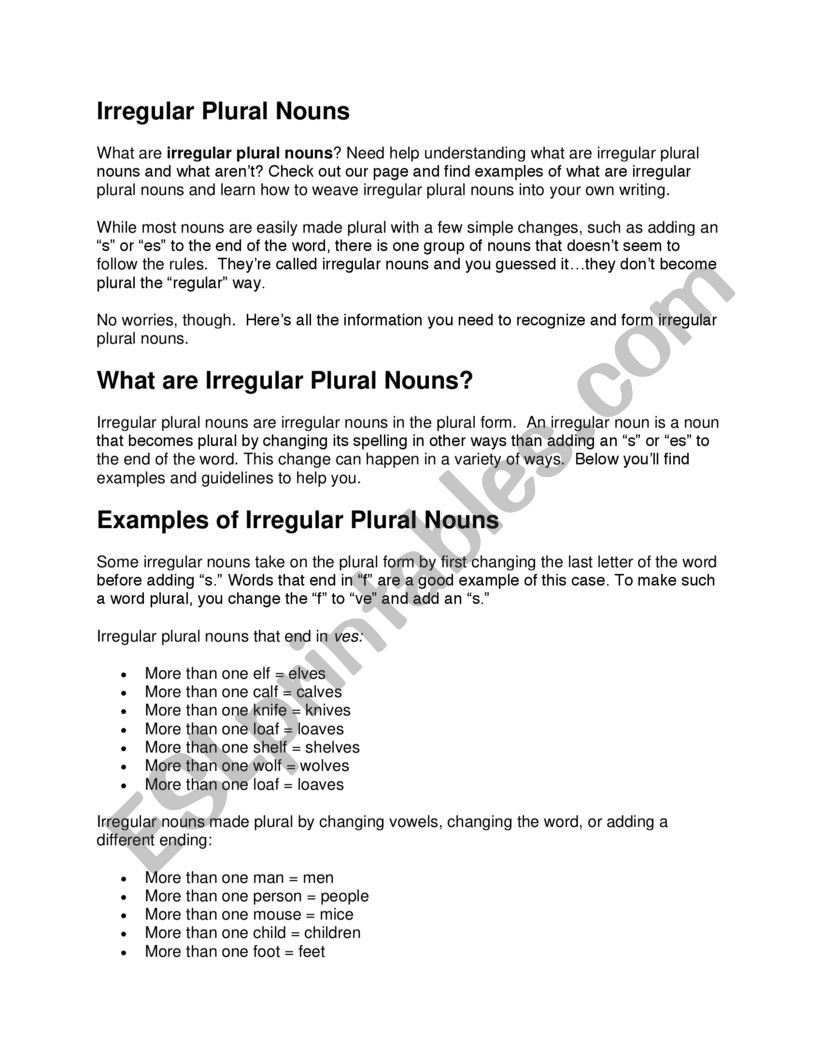 plural nouns worksheet