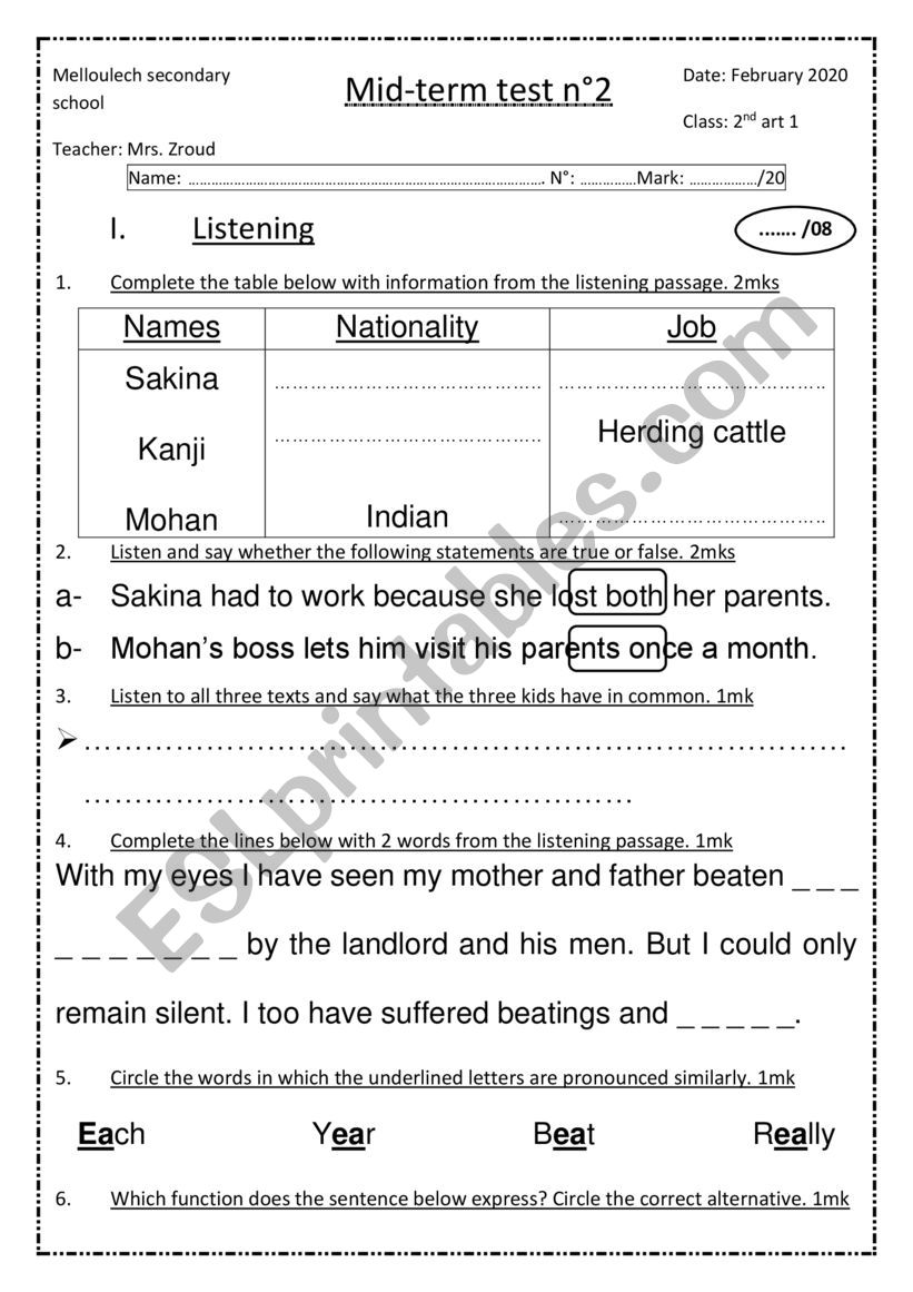 MID TERM TEST 2nd Art worksheet