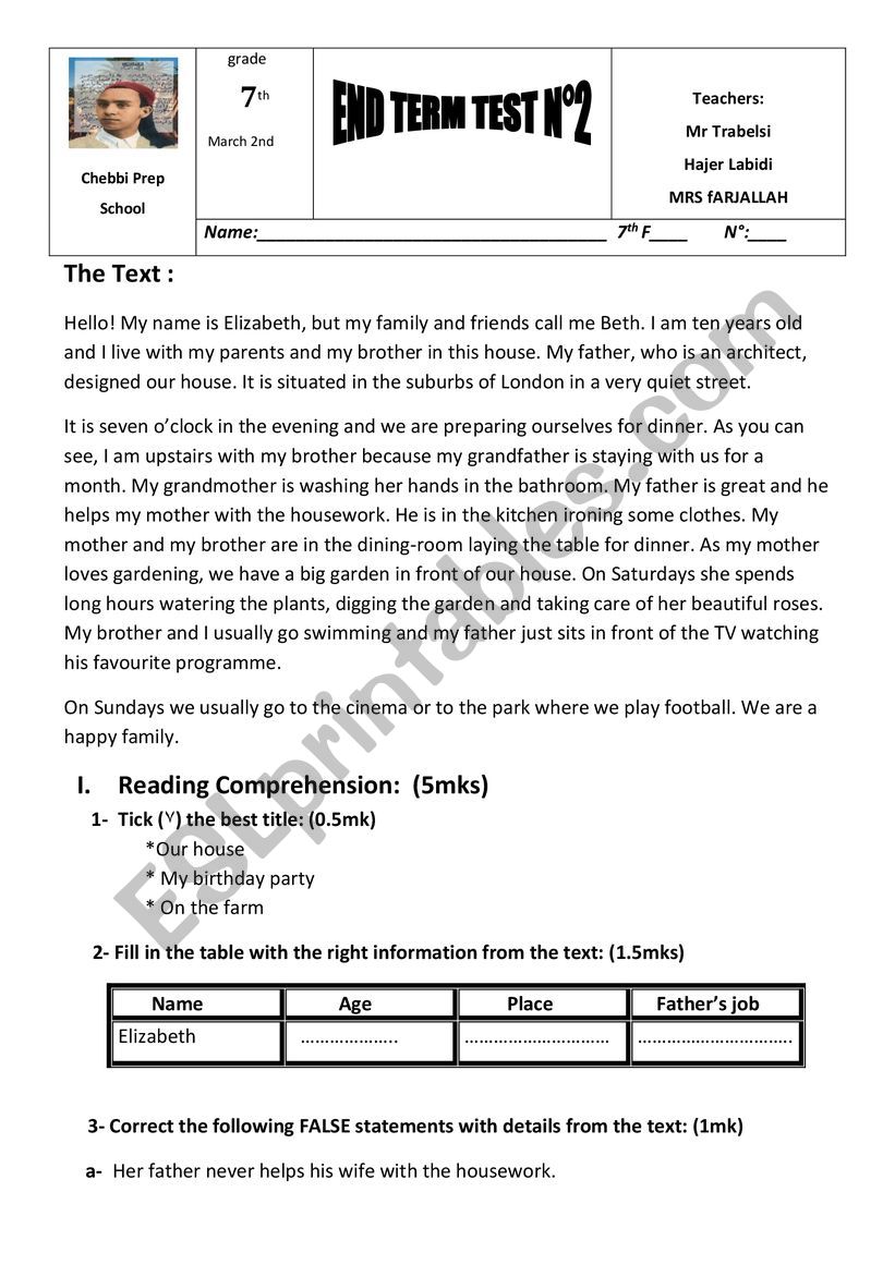 full term test 2 7th form worksheet