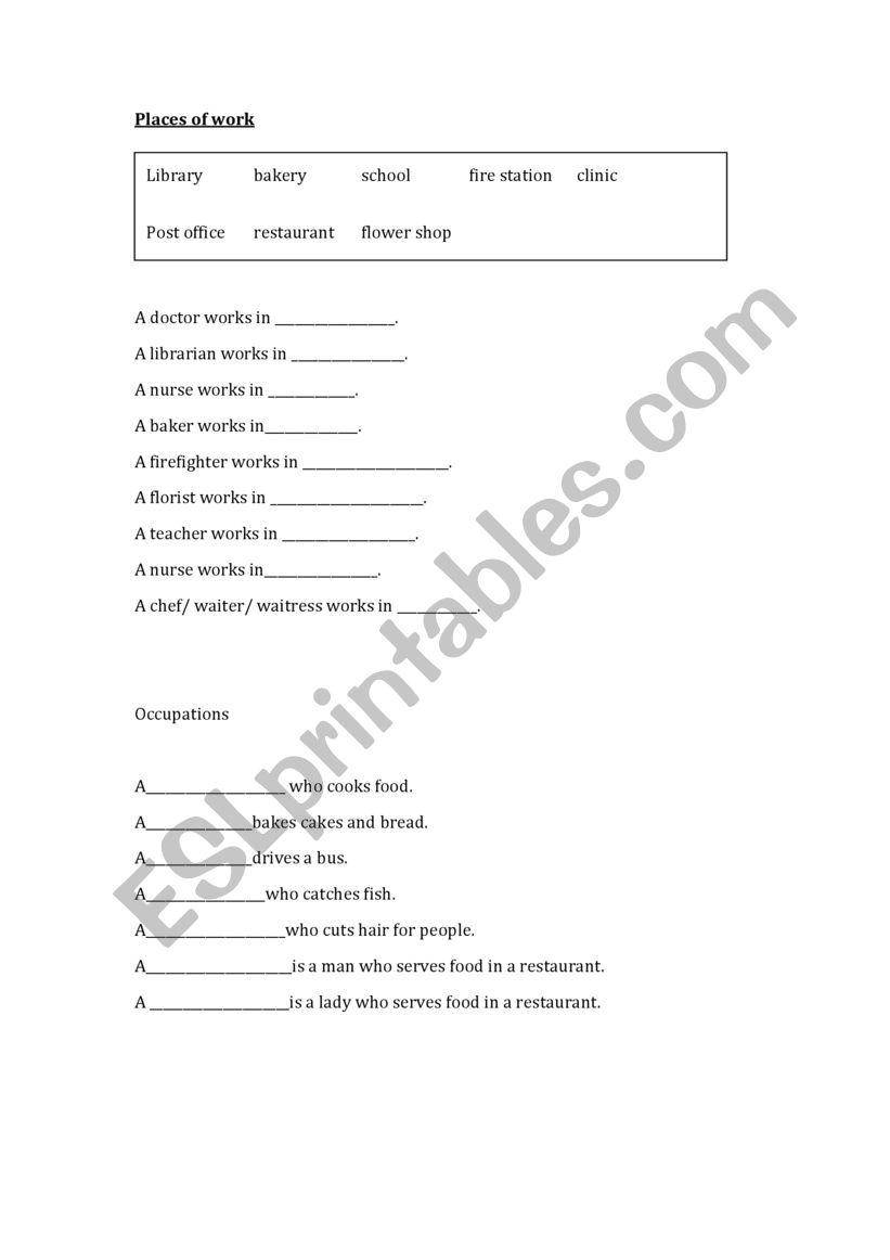 Places of work and occupation worksheet