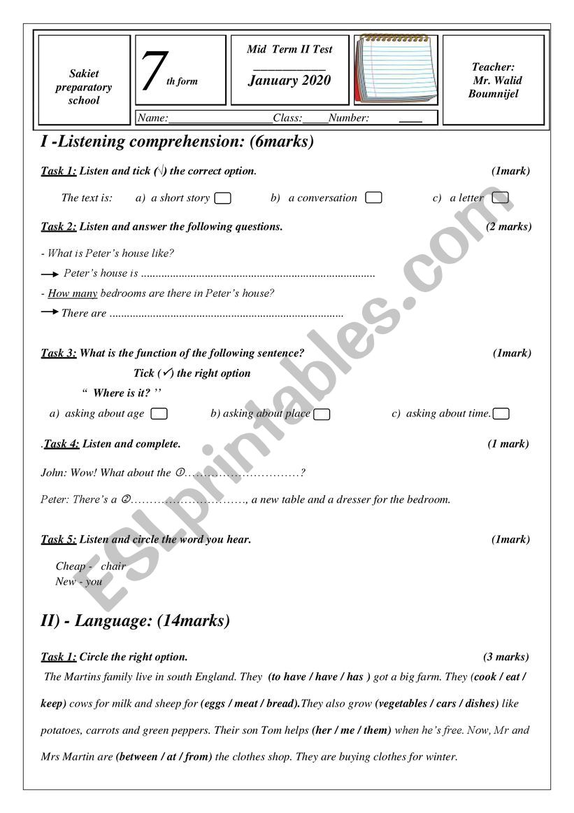 mid term II test 7th form 2019 2020