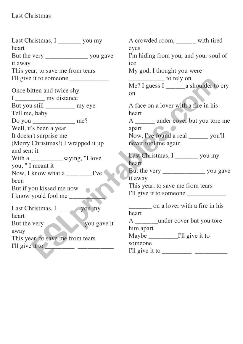 song Last christmas worksheet