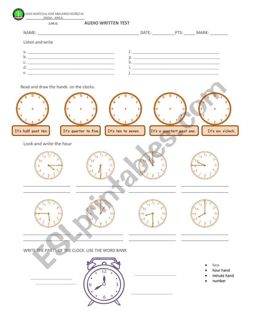 vocabulary about the hour, audio-written test