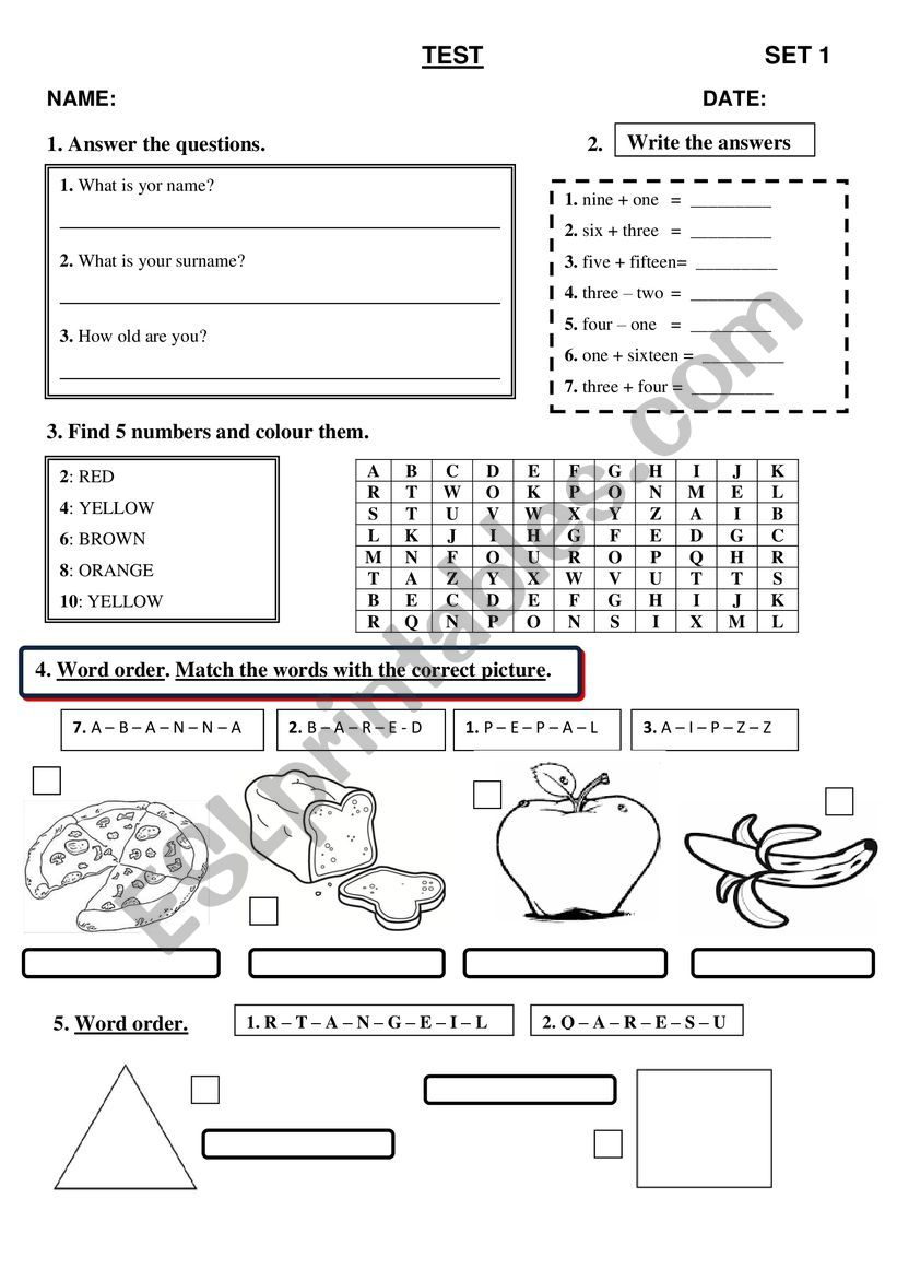 test for 4 year worksheet