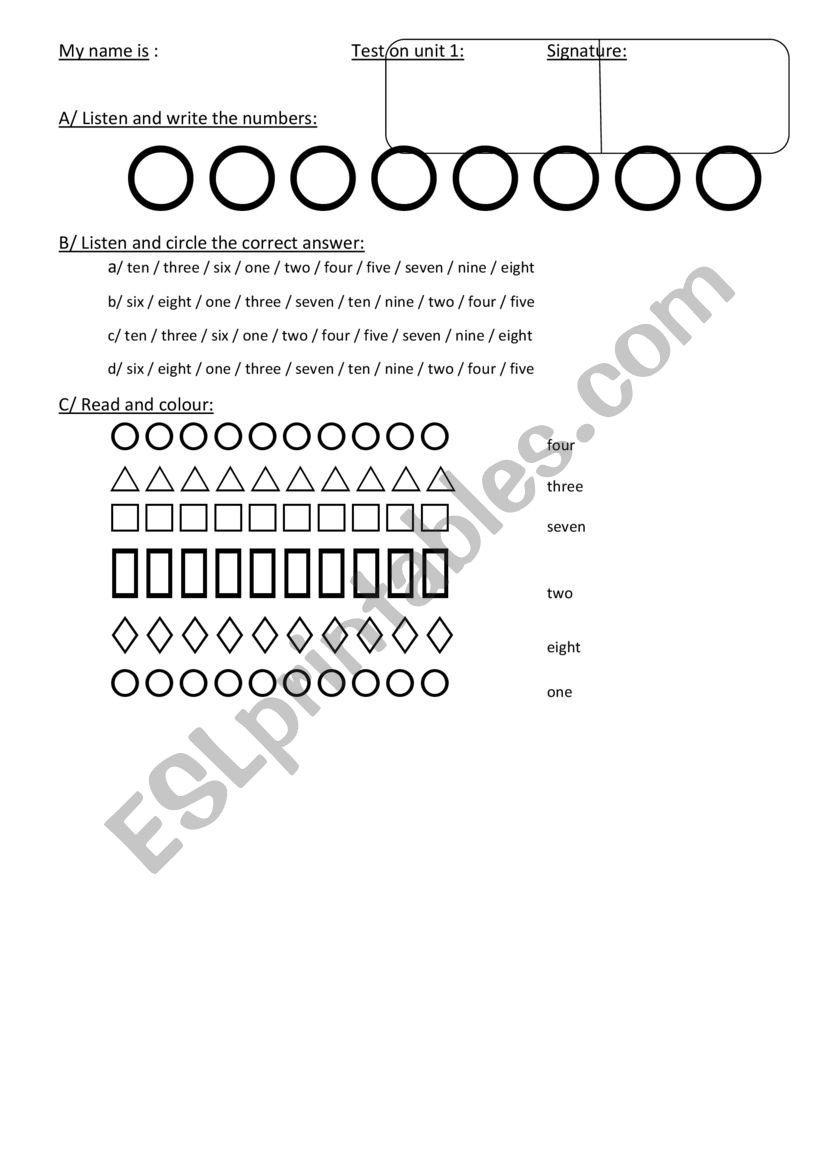 Happy Street 1 unit 1 test worksheet