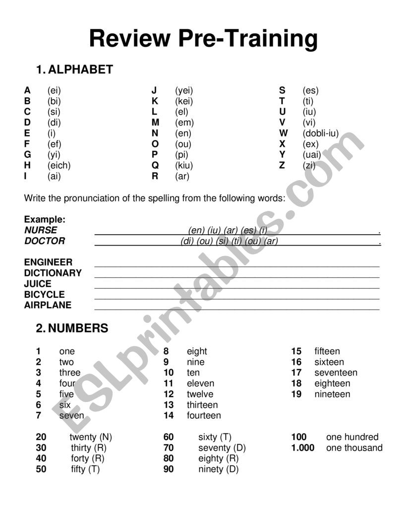 PRE TRAINING TOPICS worksheet