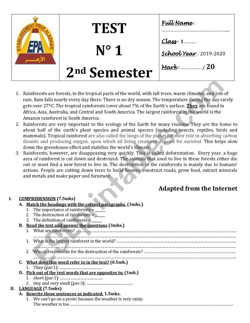 GLOBAL TEST N 1 SECOND SEMESTER 1ST BAC