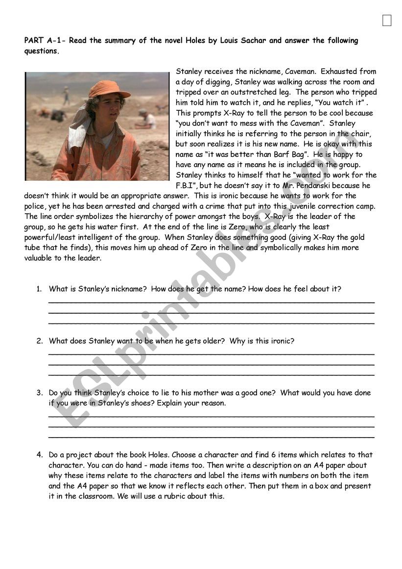 Holes Novel reading passage with questions and project
