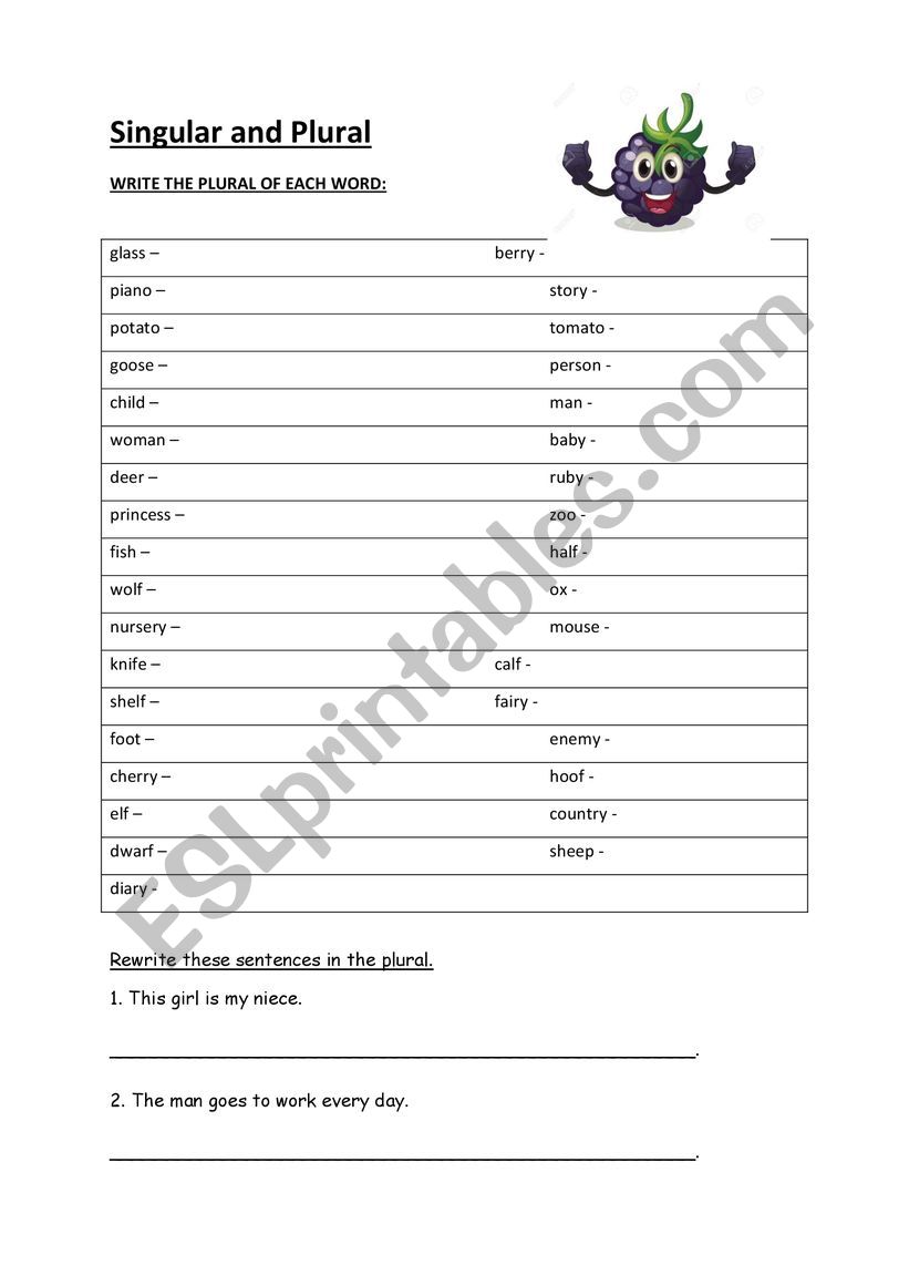 Plurals Revision Task worksheet