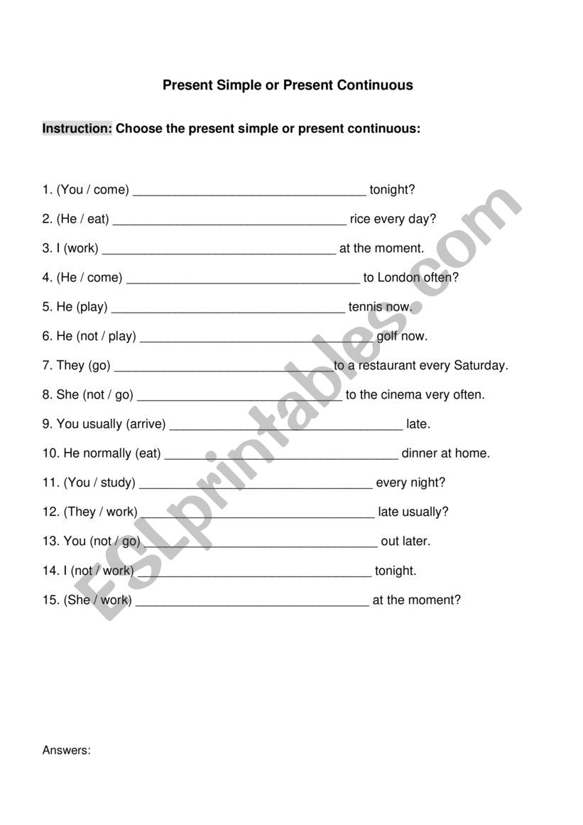 Present Simple and Present ContinuousTense Worksheet