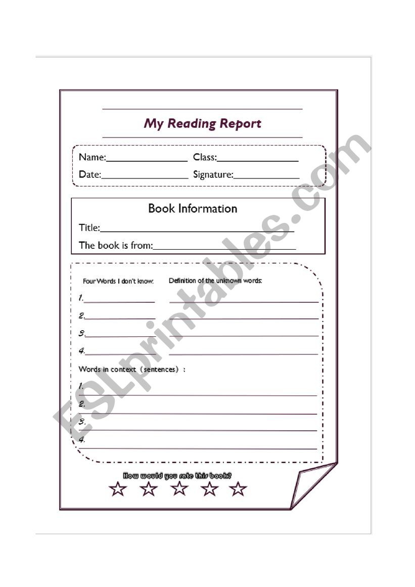 reading report worksheet