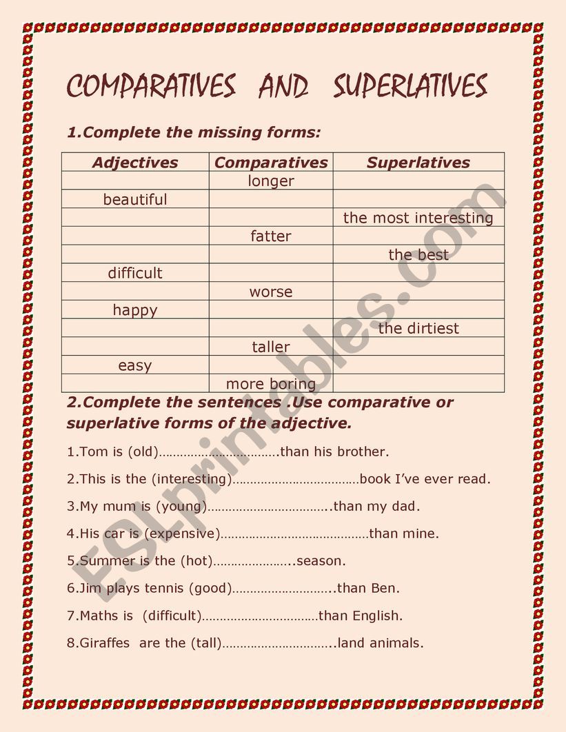 comparatives and superlatives worksheet