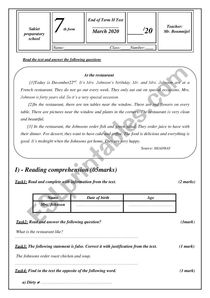 end of term II test 7th form 2019 2020