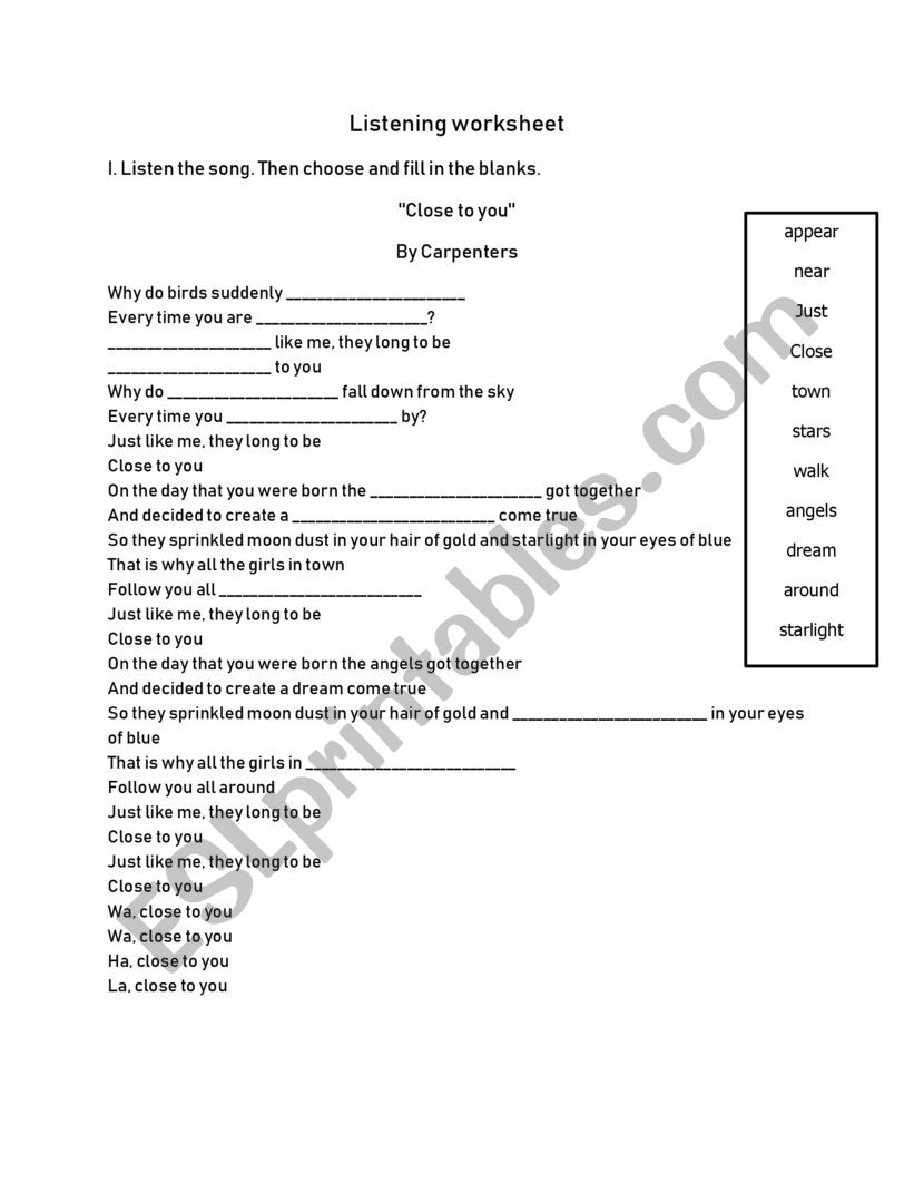 Close to you worksheet