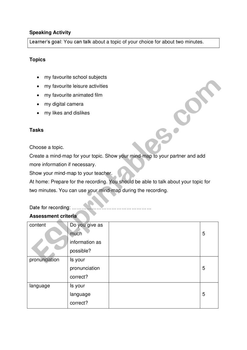 Speaking about yourself worksheet