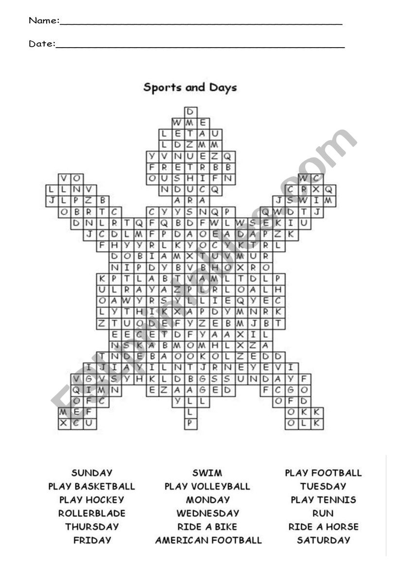 FIND THE WORDS. Sports and days