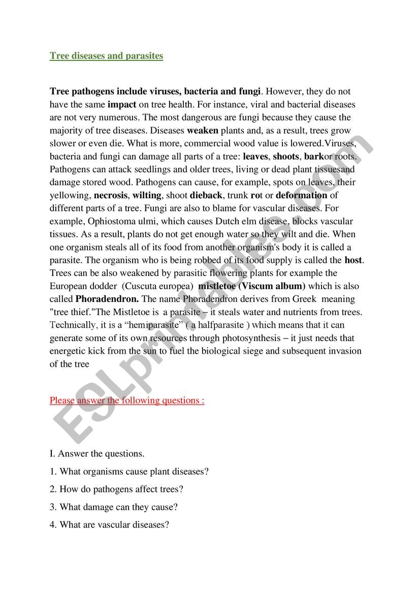 tree diseases and parasites worksheet