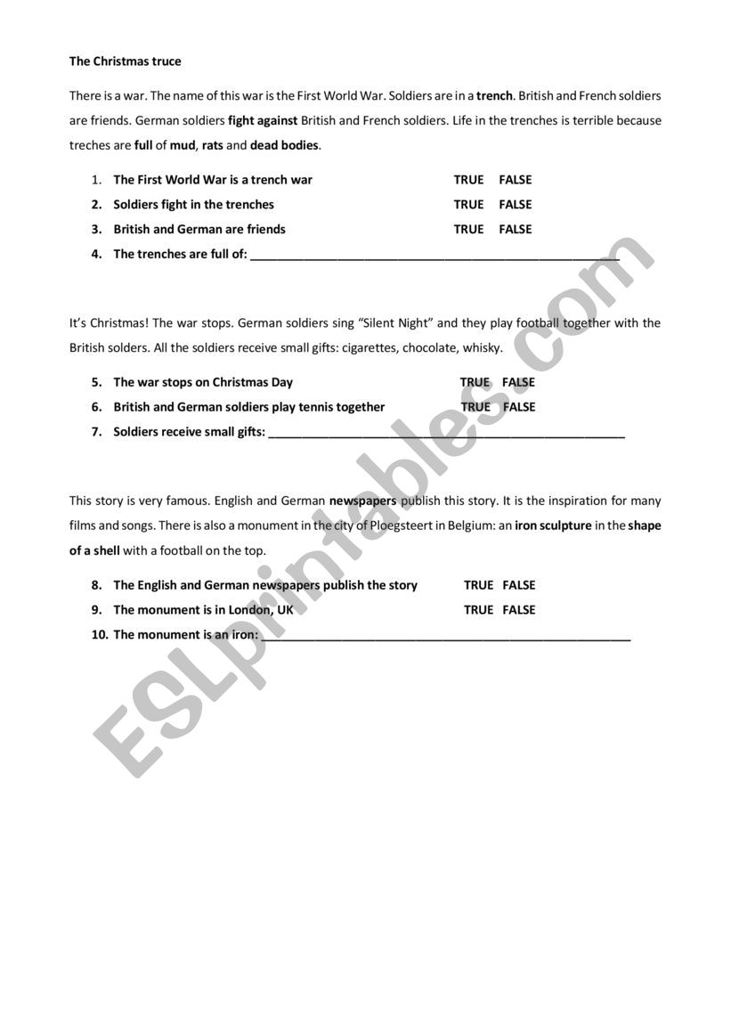 the Christmas truce worksheet