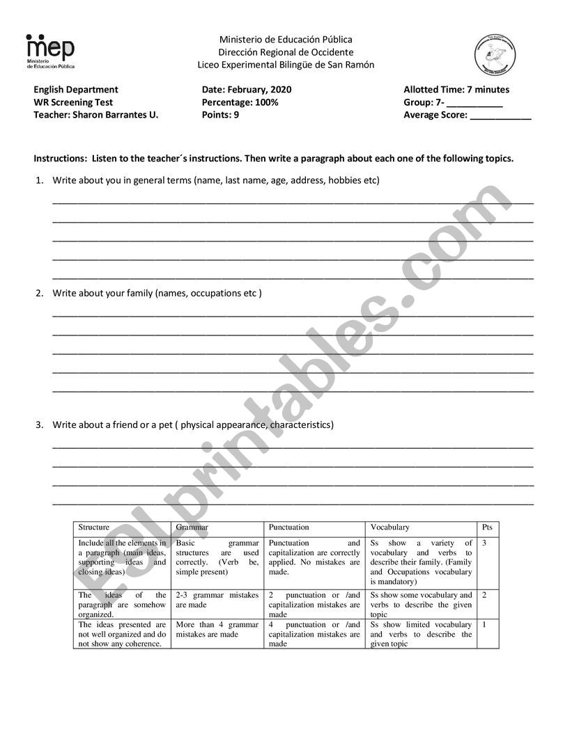 Screening Test worksheet