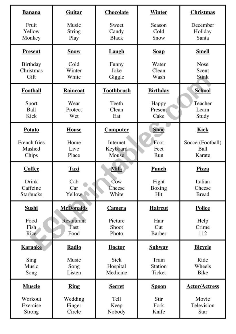 taboo for kids worksheet