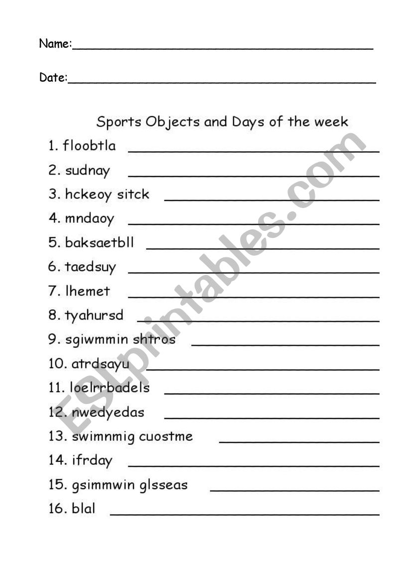 WORD ORDER. Sports objects and Days